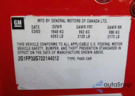 2002 Chevrolet Camaro Z28 z USA, uszkodzony, nr VIN 2G1FP32G722144012